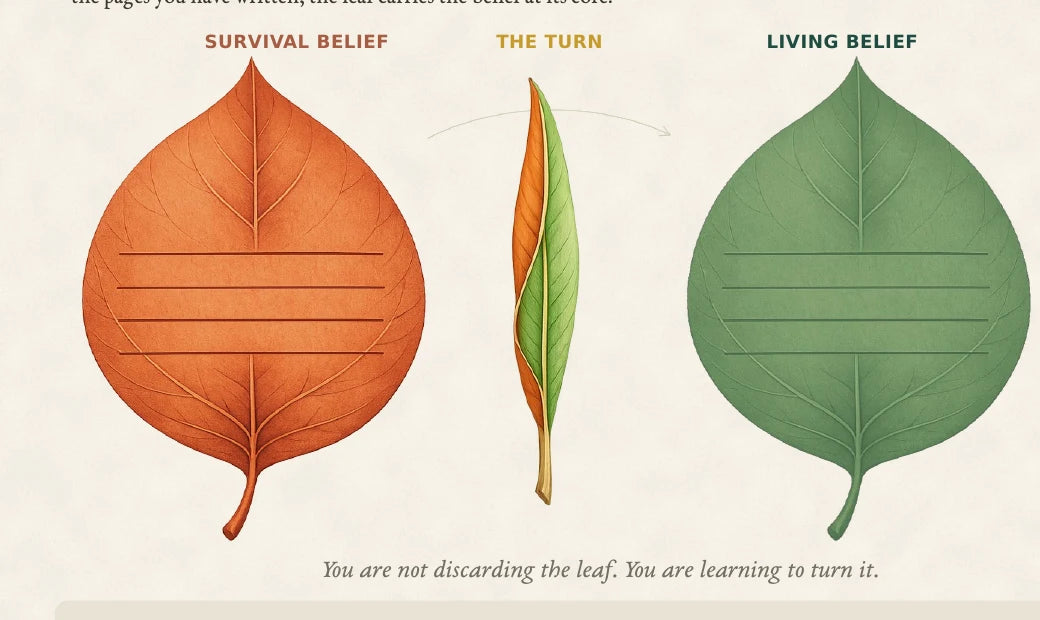 Cropped detail from the Turn the Leaf exercise showing the Survival Belief and Living Belief leaf forms.